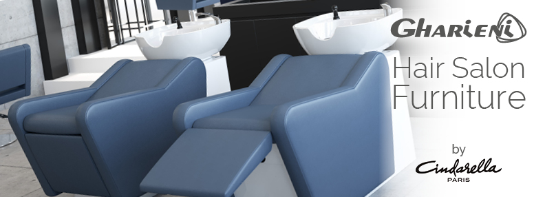 Luxurious Gharieni hair salon furniture with sleek, modern design.
