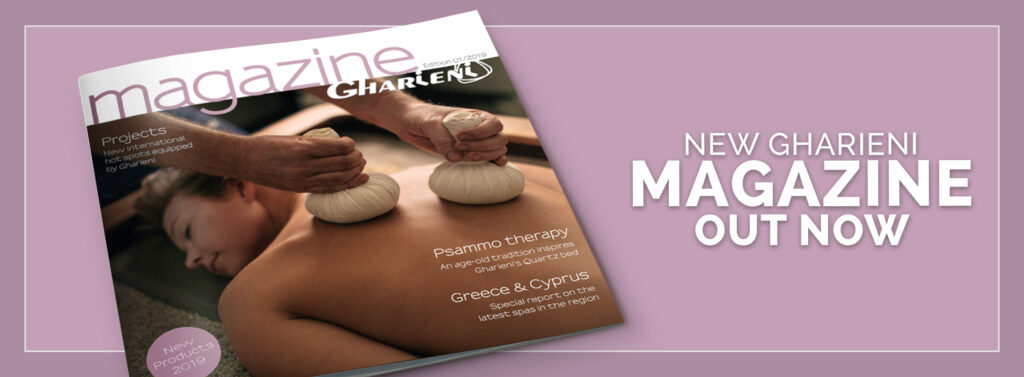 Alt-Text: "Gharieni magazine cover showcasing luxury spa treatment and equipment."