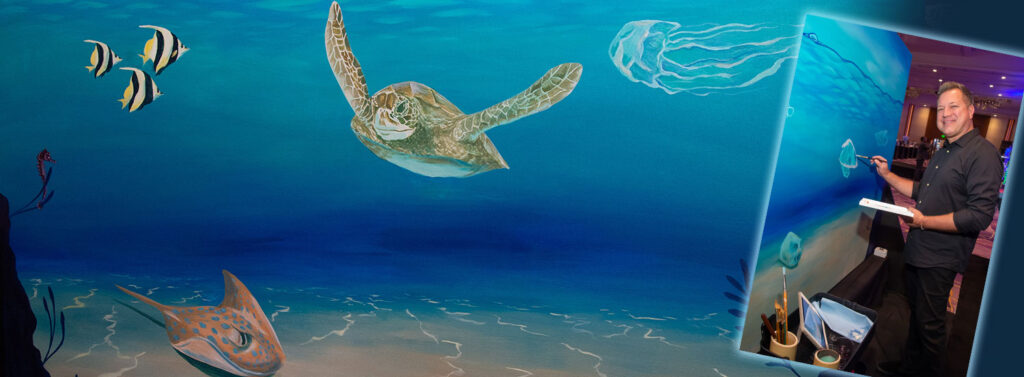 Sea turtle mural in luxury spa setting by Gharieni, showcasing ocean-themed decor.