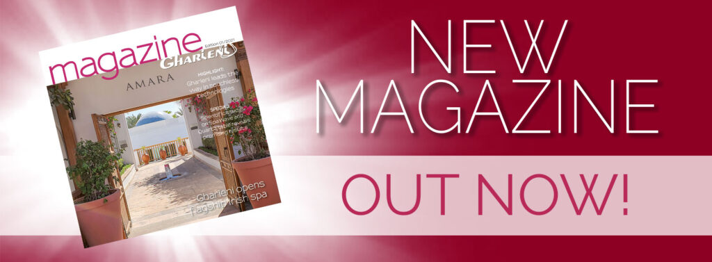 "Luxury spa magazine cover featuring premium Gharieni treatment tables."