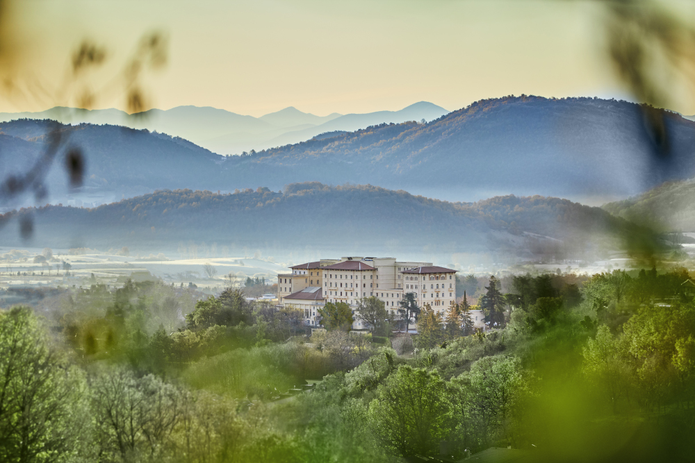 Luxurious spa resort nestled in serene mountains, surrounded by lush greenery.