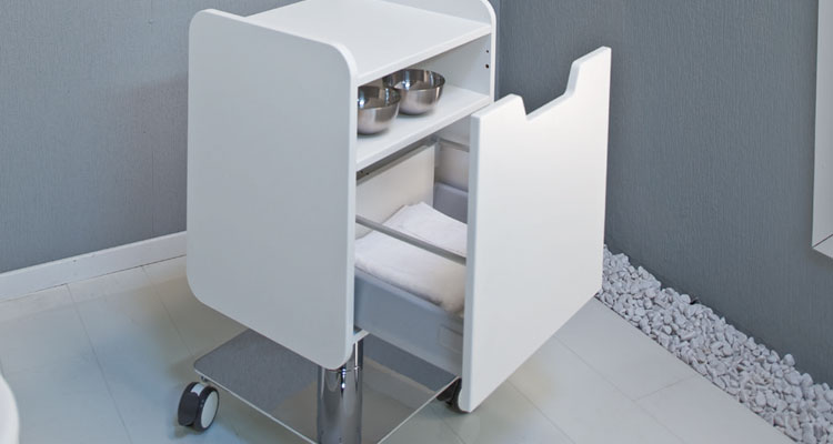 Modern spa trolley with sleek design and stainless steel bowls on wheels.