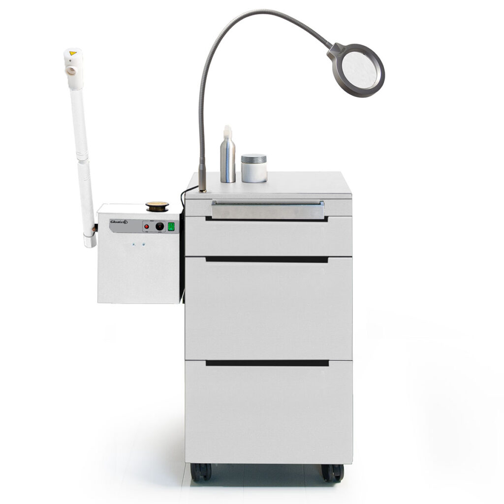 Modern spa treatment cart with magnifying lamp and storage, Gharieni equipment.