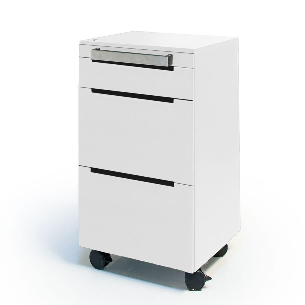 Sleek white Gharieni spa trolley with three drawers on wheels, ideal for luxury treatments.