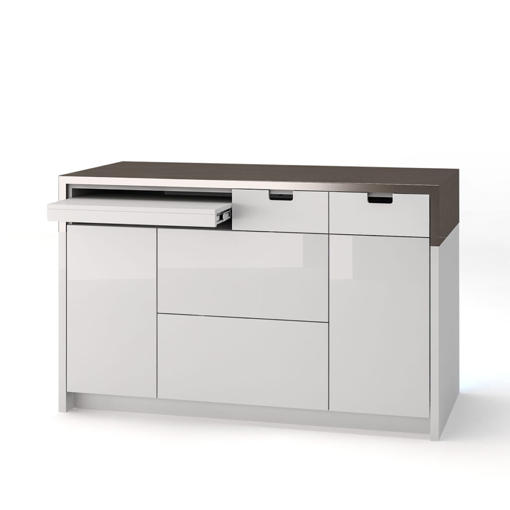 Modern spa cabinet with sleek white finish and versatile storage solutions.