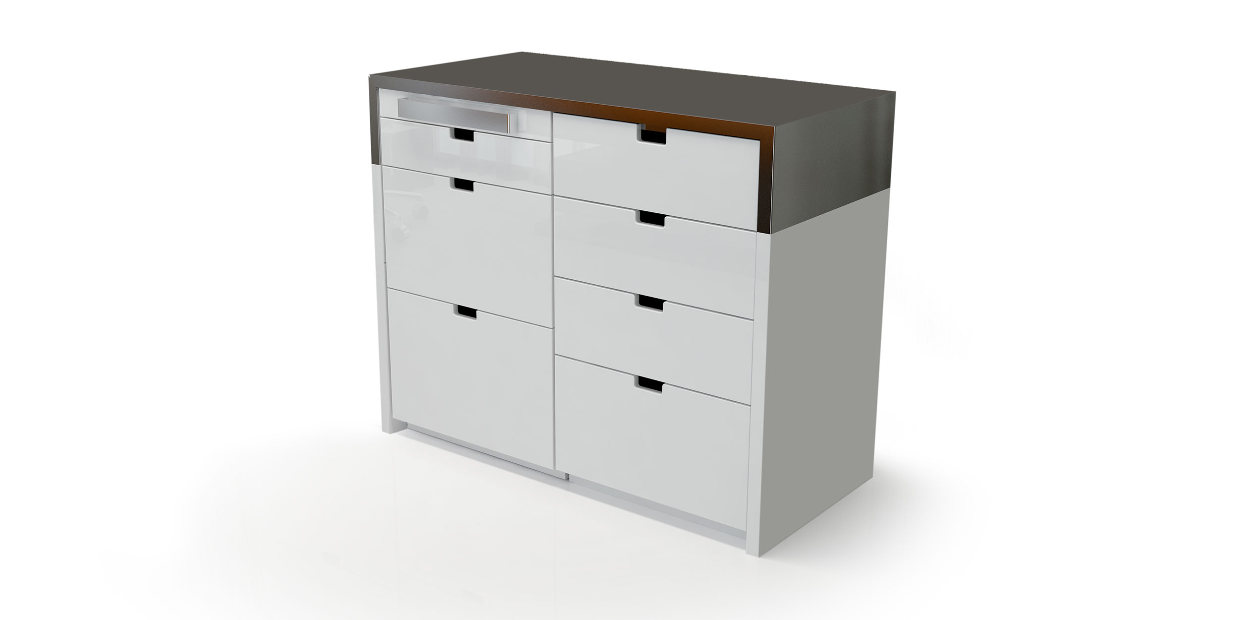 Modern spa storage cabinet with sleek design and multiple drawers by Gharieni.