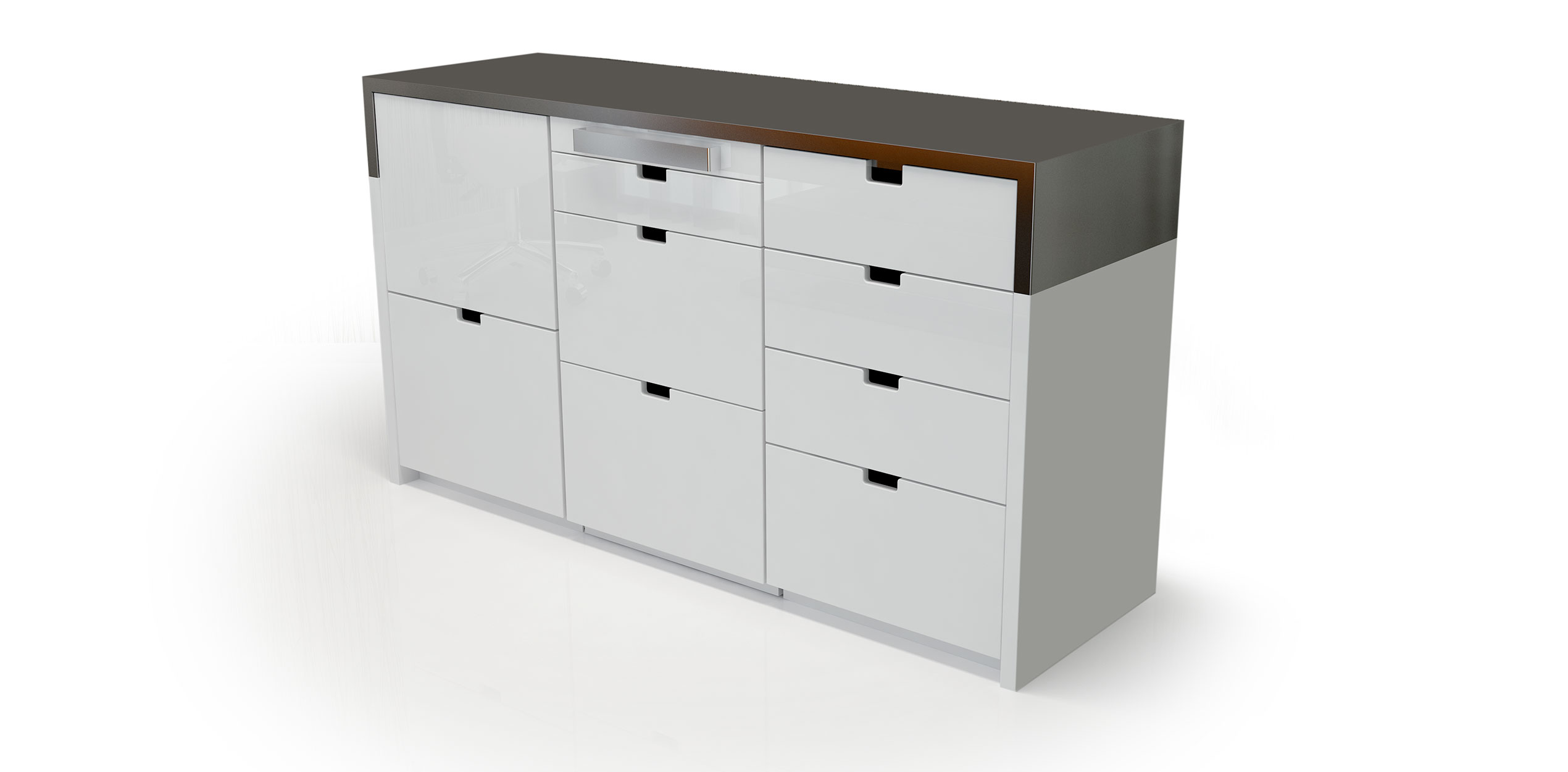 Modern spa cabinet with sleek white drawers and dark wood top from Gharieni.