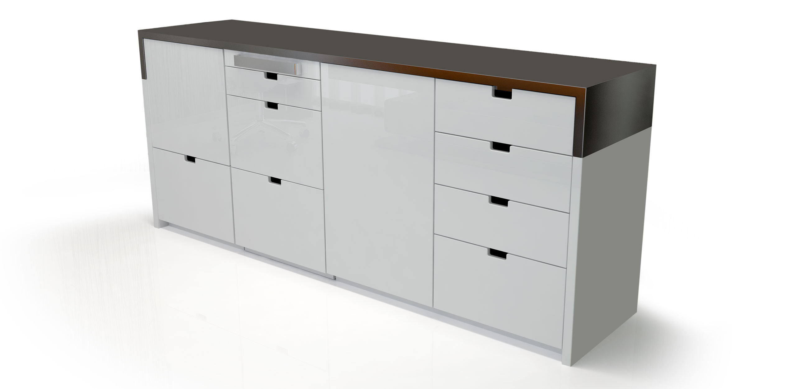 Modern spa cabinet with sleek white finish and multiple storage drawers by Gharieni.
