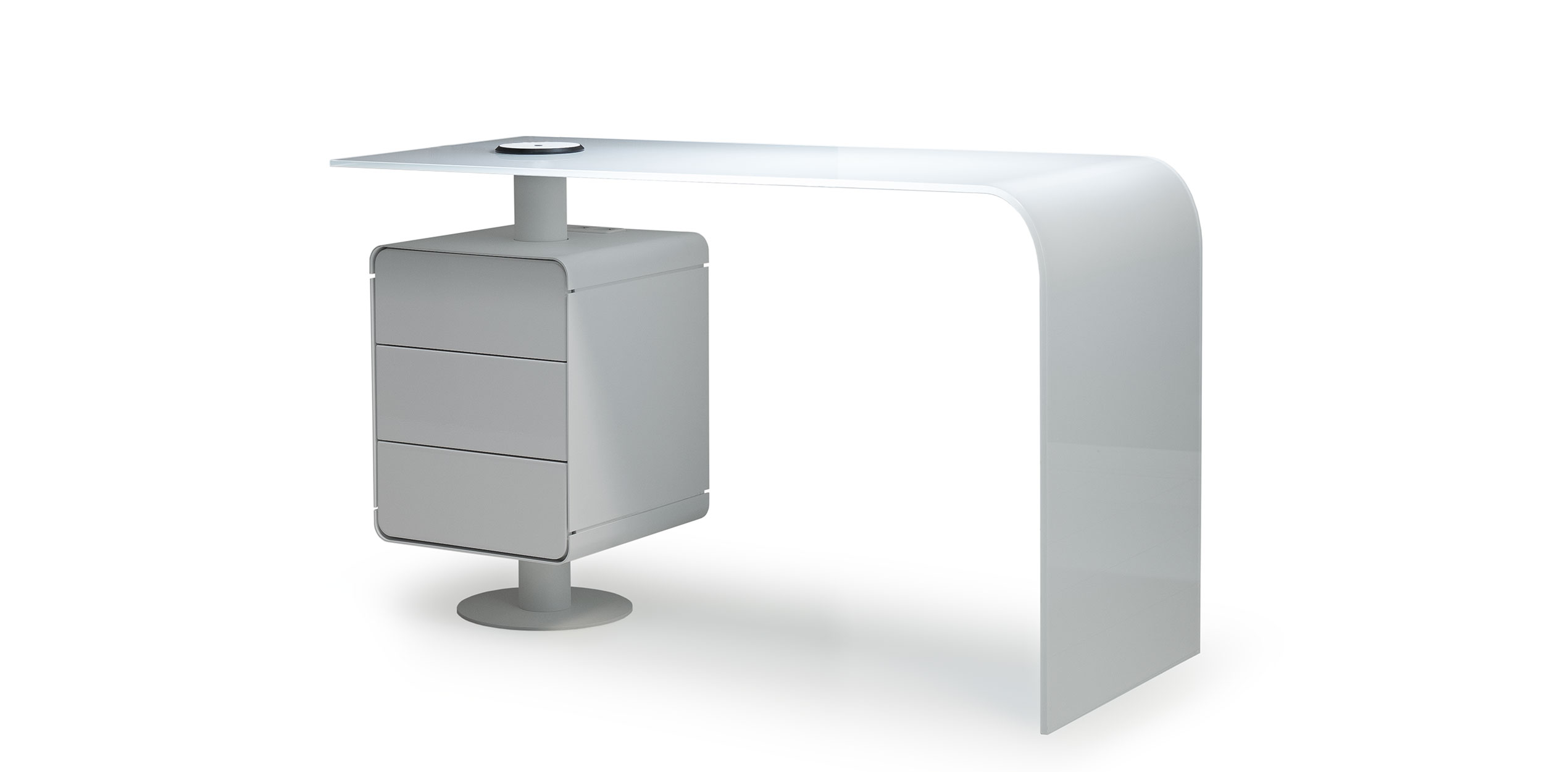 Sleek white spa treatment table with modern design and integrated storage.