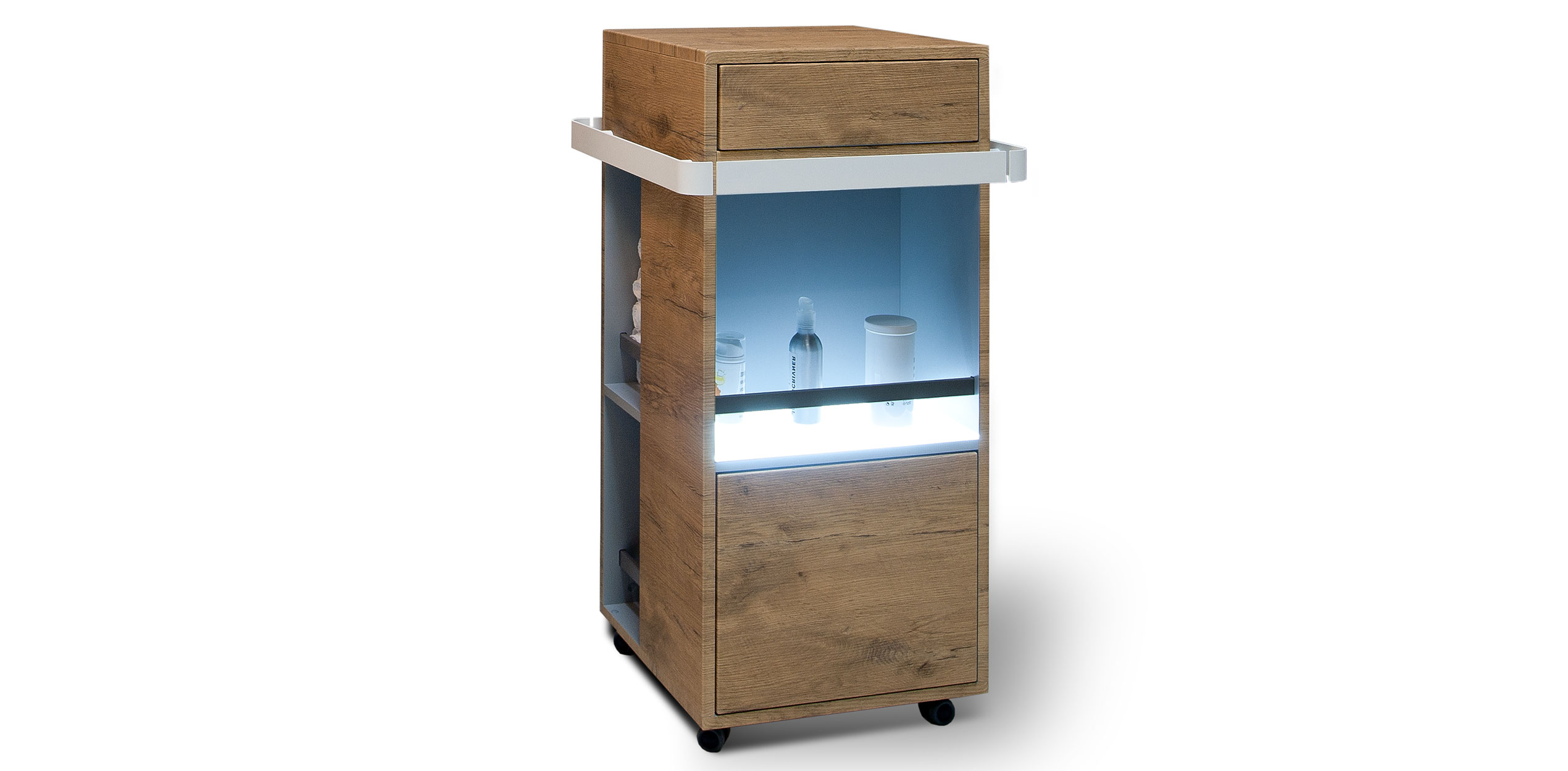 Premium wooden spa equipment cabinet with illuminated shelves for luxury treatments.