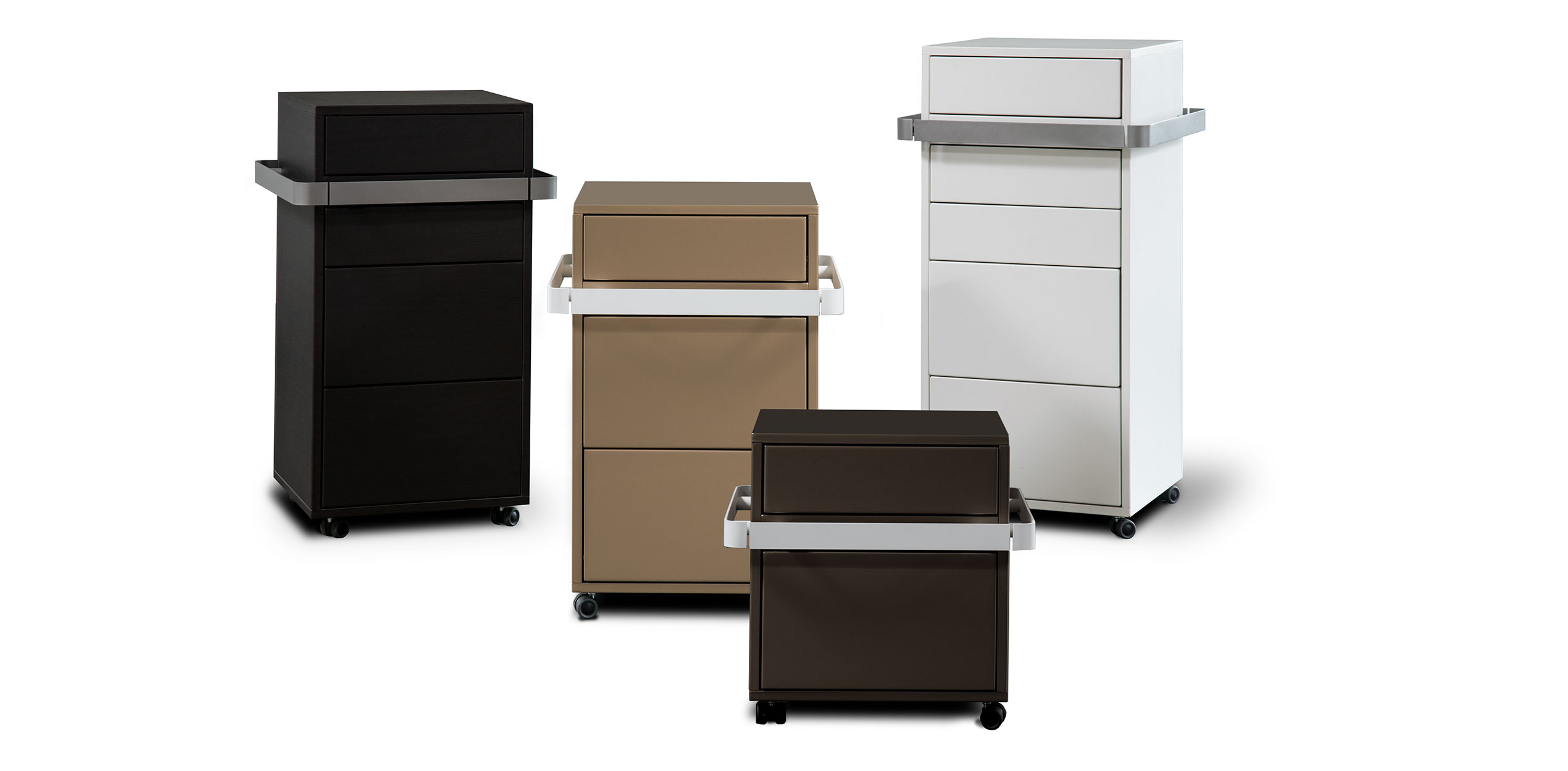Luxurious Gharieni spa carts in elegant black, brown, and white finishes.
