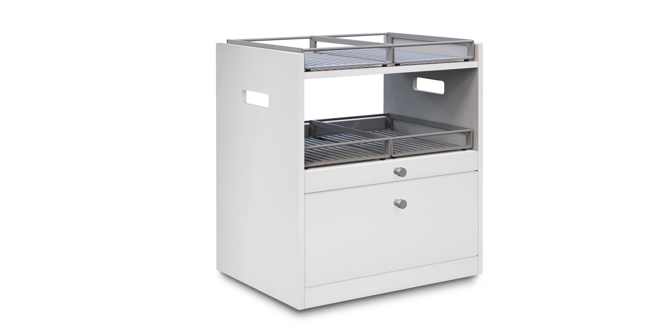 Gharieni premium spa equipment trolley with sleek white design and metal accents.