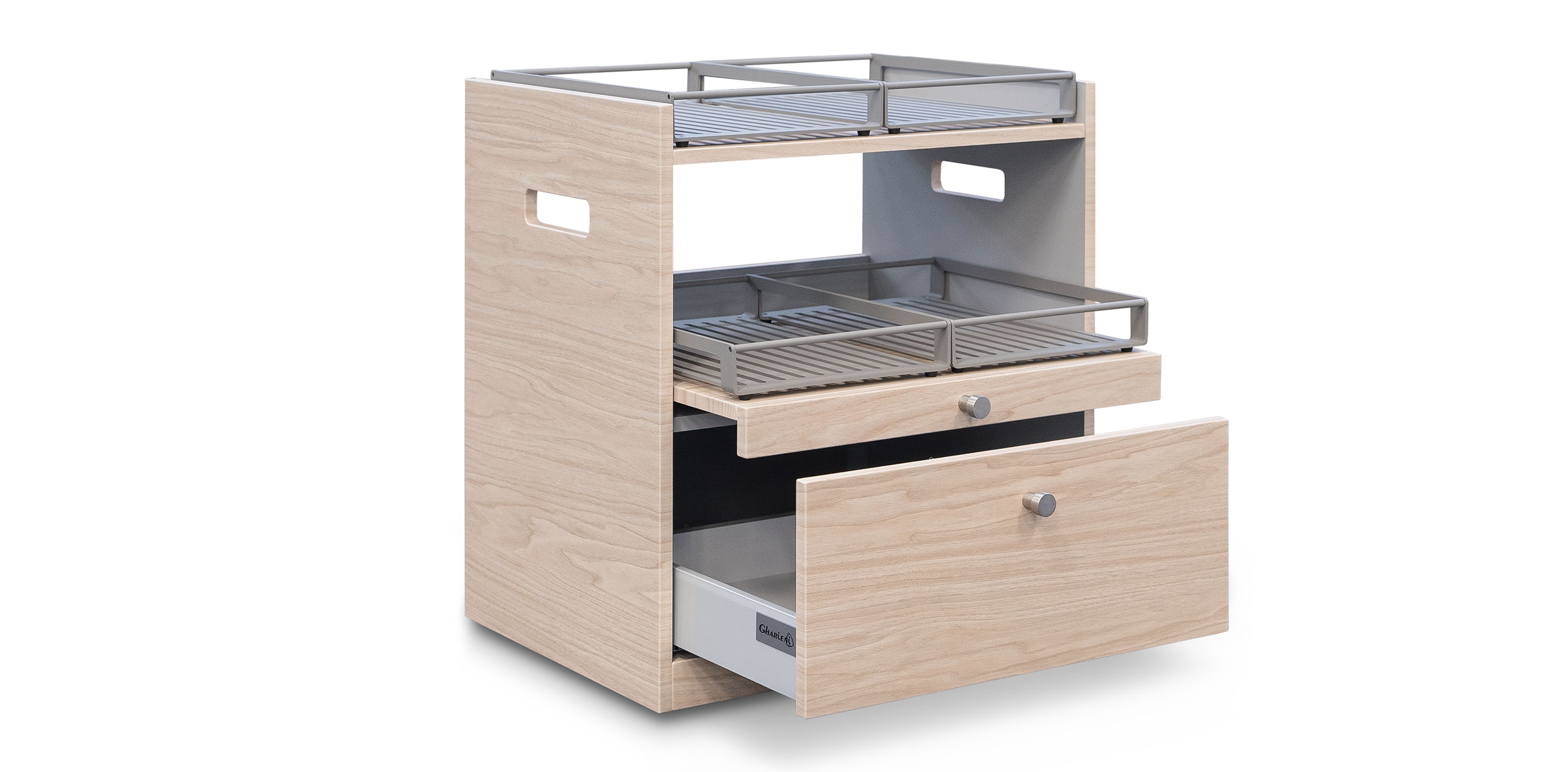 Gharieni premium spa equipment: sleek wooden treatment table with open drawers.