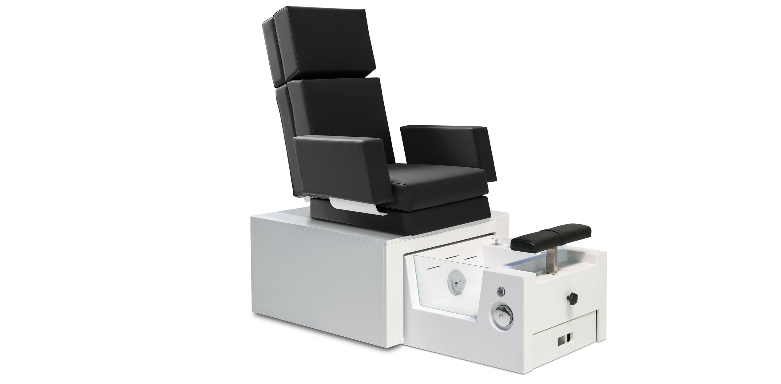 Gharieni luxury spa chair with black cushions and modern white base design.