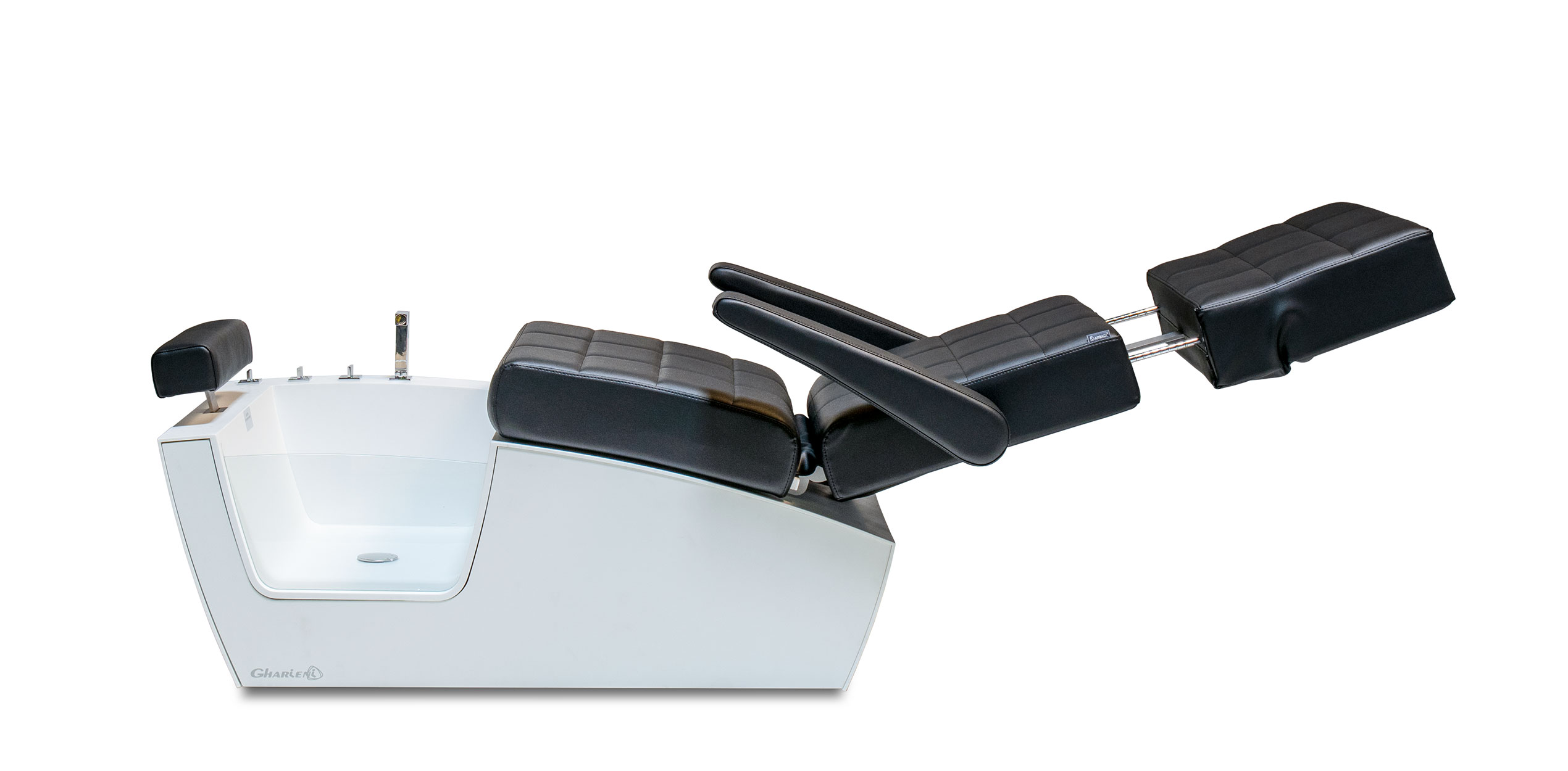 Luxury Gharieni spa treatment table with ergonomic design and sleek black padding.