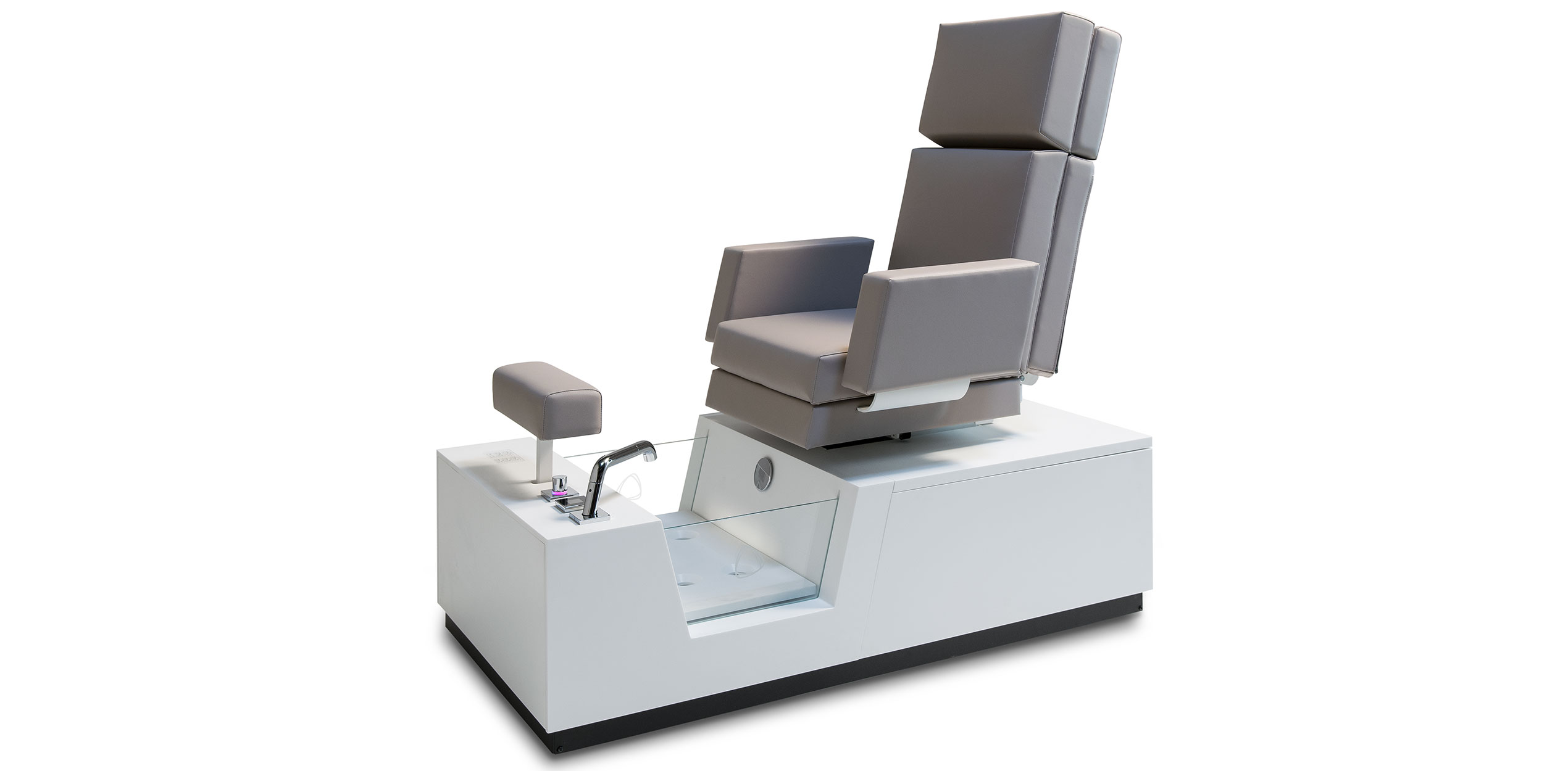 Luxury spa treatment chair with adjustable features on sleek white base.