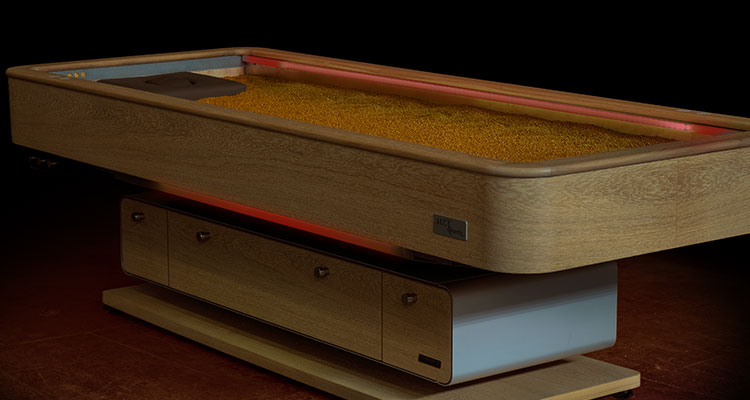 Alt-Text: Luxury Gharieni spa treatment table with sleek wood design and LED accents.