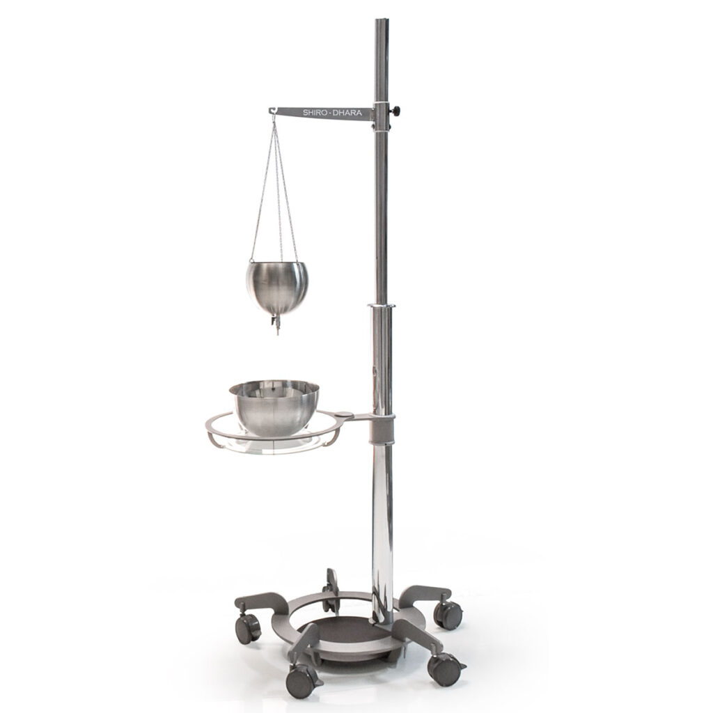 Gharieni spa equipment: sleek, modern Shirodhara stand with stainless steel bowls.