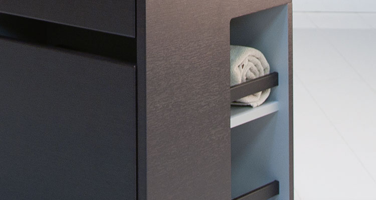 Sleek spa cabinet with rolled towel, premium design by Gharieni.