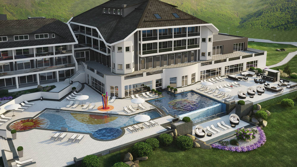 Luxurious spa resort with premium Gharieni treatment tables by a scenic pool.