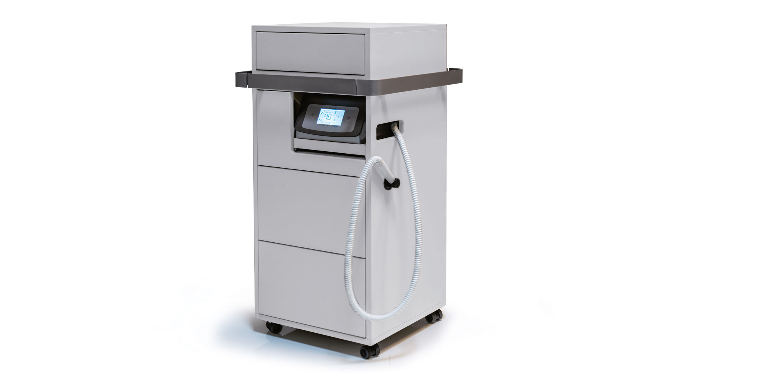 Gharieni spa equipment: advanced treatment table with digital controls and storage.