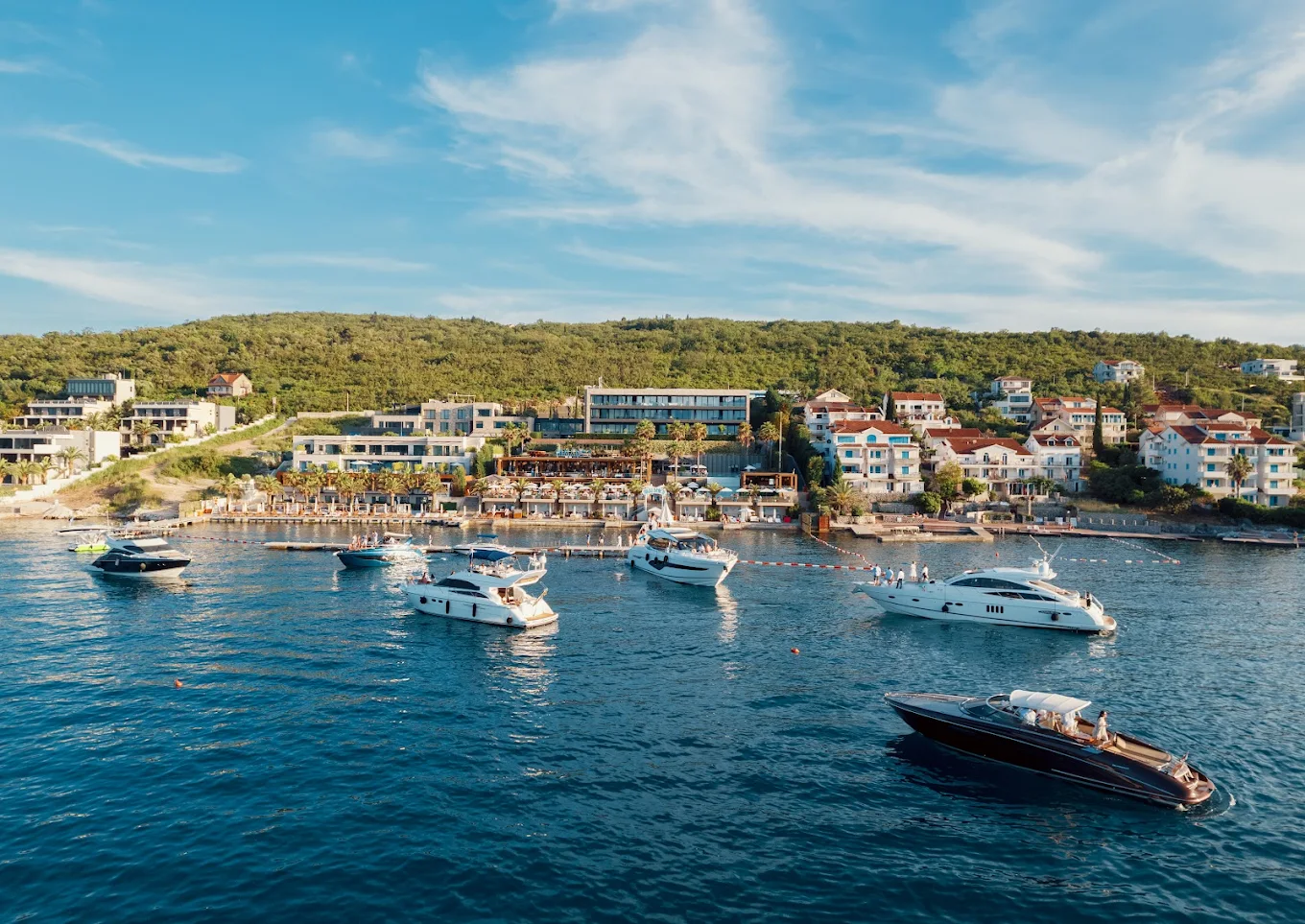 Luxury yachts on serene blue waters near a lush, scenic coastline.