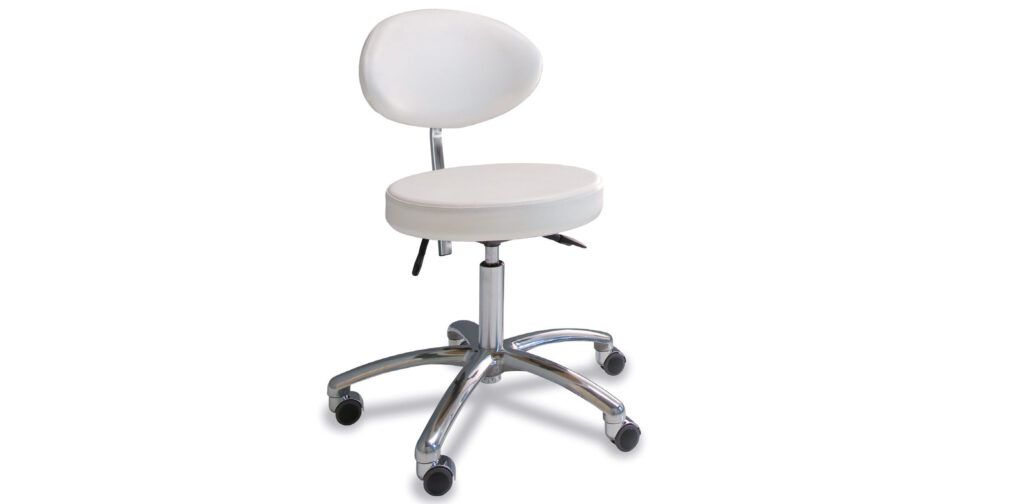 Luxurious white spa stool with chrome base and wheels, ideal for premium treatments.
