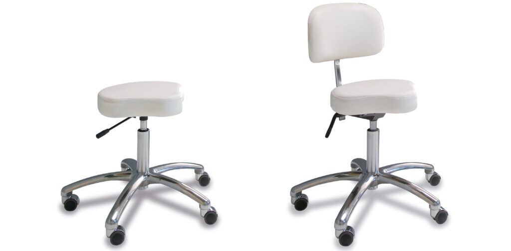 Modern white spa stools with adjustable height and chrome base from Gharieni.