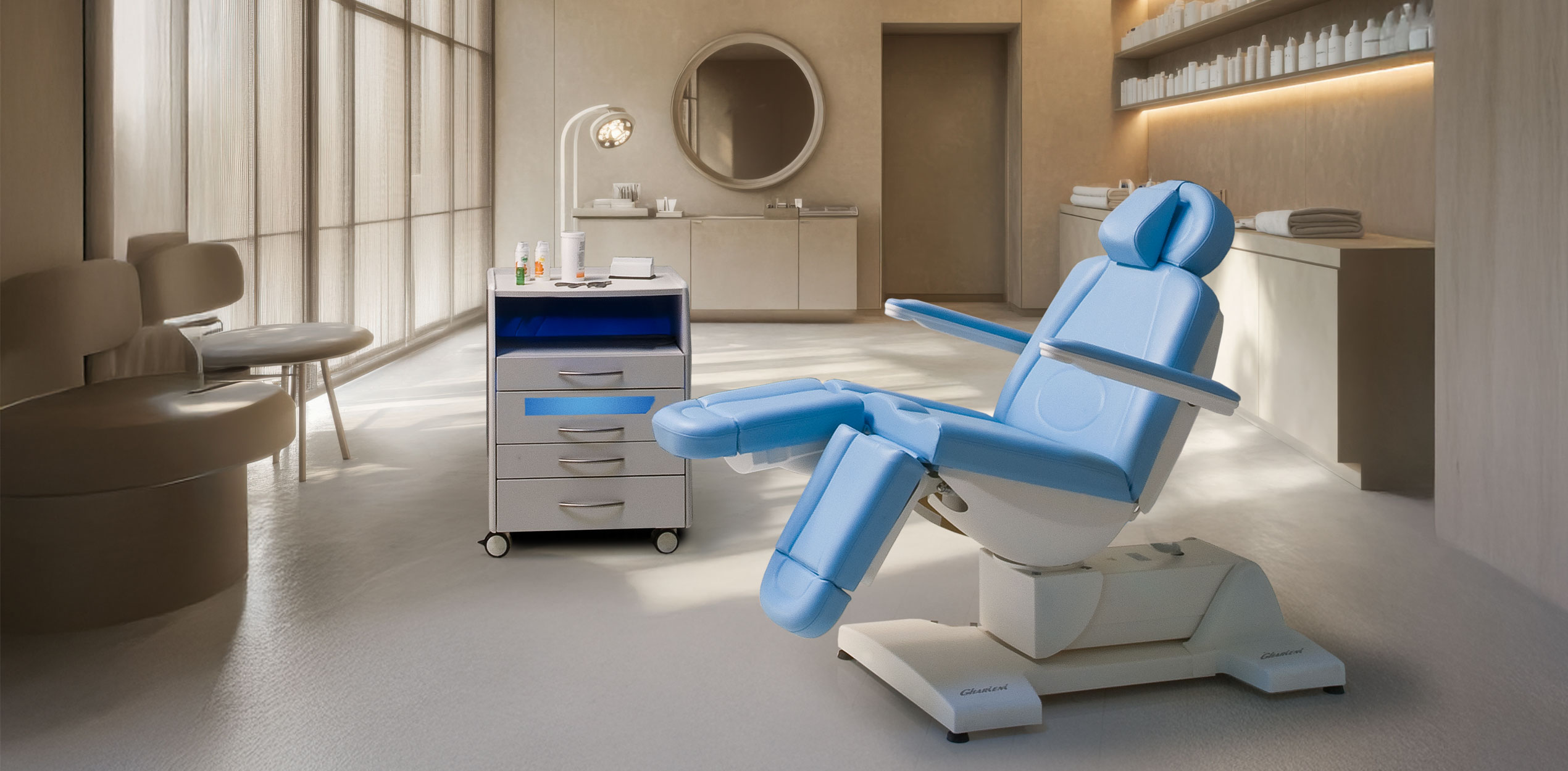 Luxurious Gharieni spa treatment table in modern, serene wellness room.