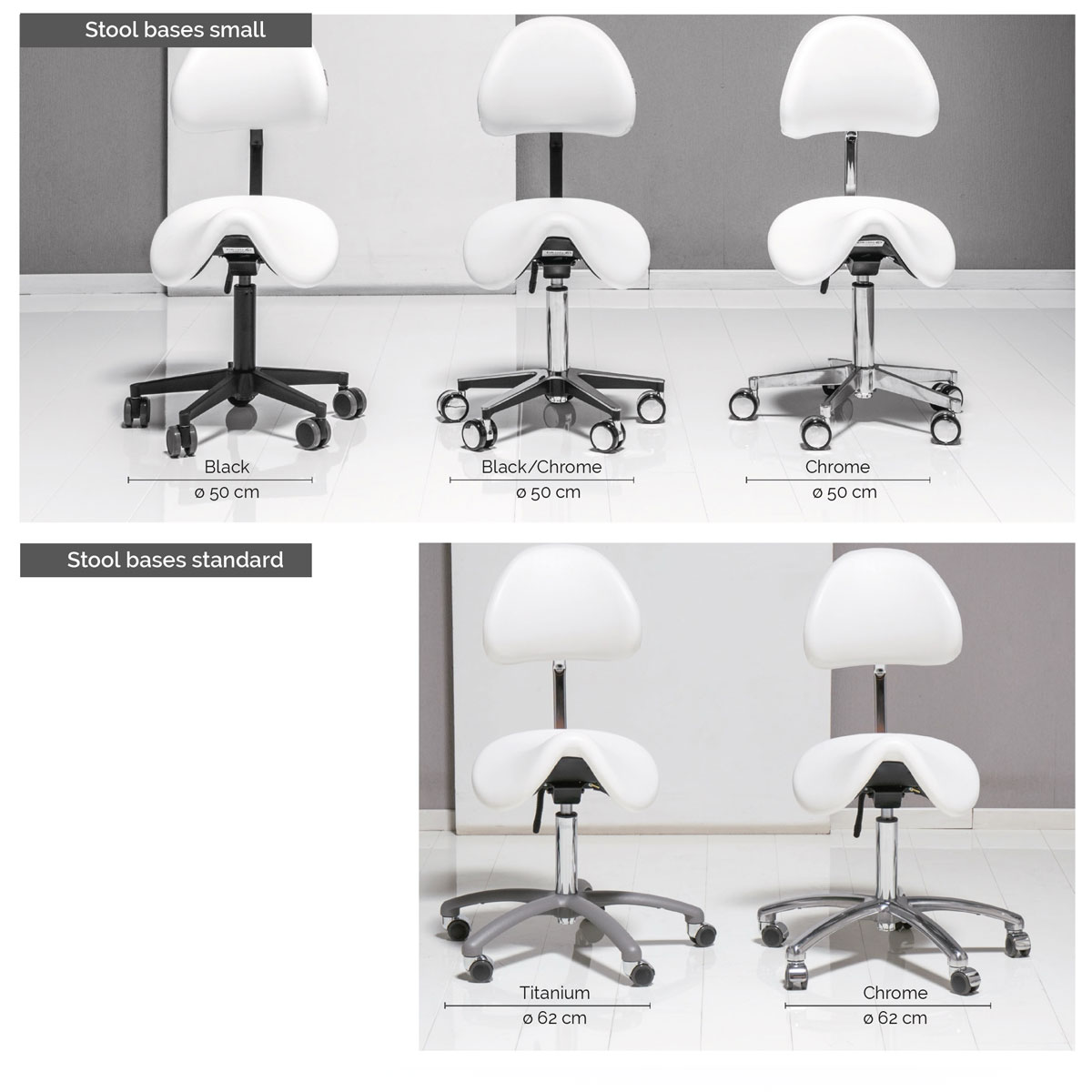 Four modern spa stools on wheels, in black, chrome, and titanium finishes.