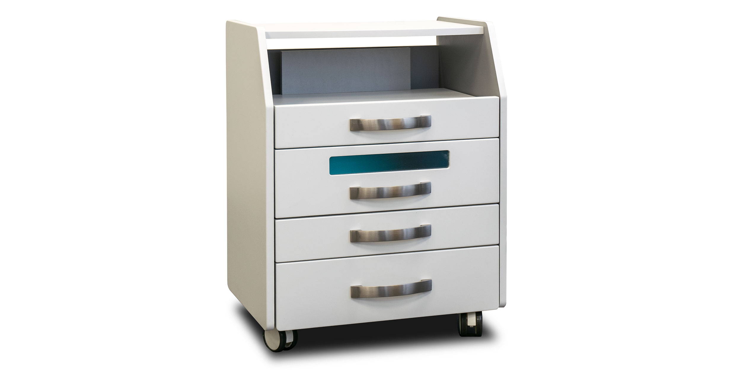 Modern spa equipment cabinet with sleek design and multiple storage drawers.