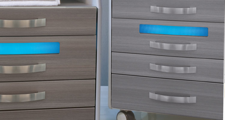 Modern spa equipment cabinets with sleek design and ambient lighting.