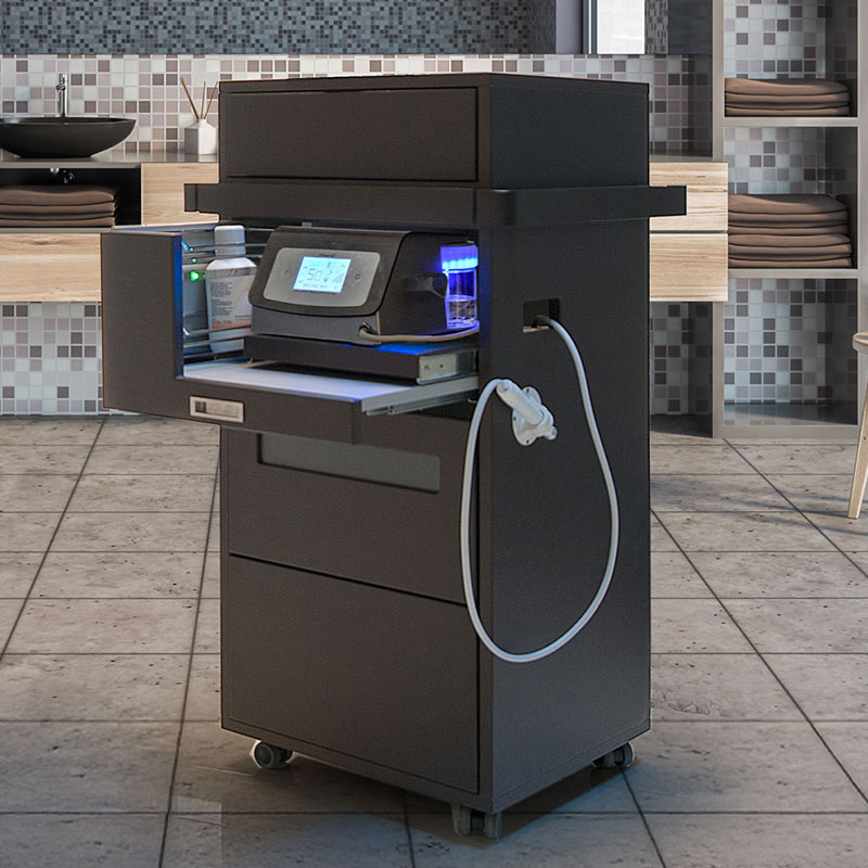 Modern spa equipment with sleek black design and digital display in a luxury setting.