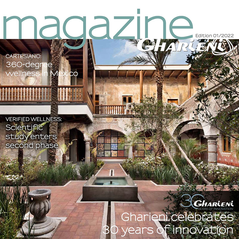 Gharieni magazine cover featuring luxury spa design and innovation celebration.
