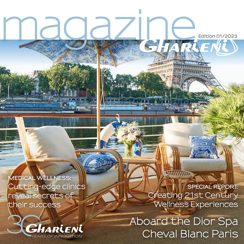 Gharieni spa tables by Eiffel Tower, luxury outdoor wellness setup.