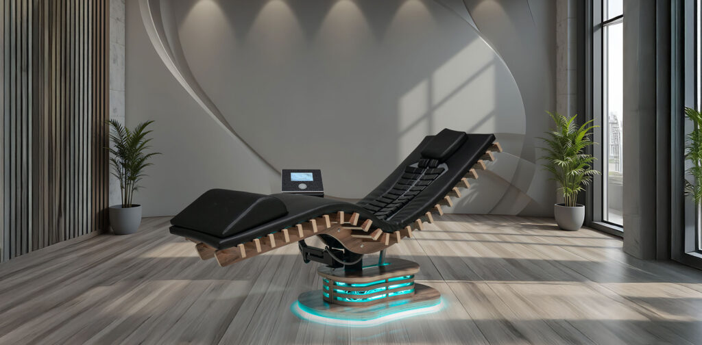 Luxurious Gharieni spa treatment table in modern, elegant room setting.