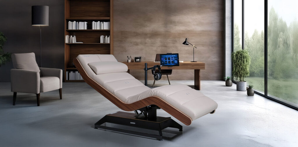 Luxurious Gharieni spa treatment table in modern, serene room setting.